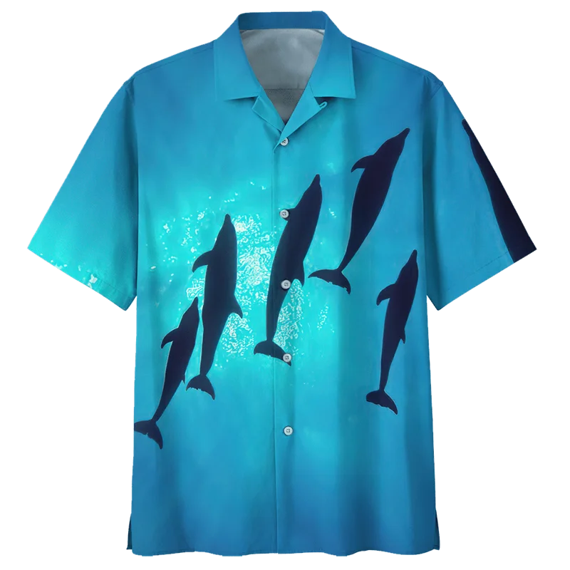 Loose Lapel Hawaiian Shirts Cute Ocean Dolphin Pattern Aloha Shirt For Men 3D Printed Sea Animal Short Sleeve Button Blouse