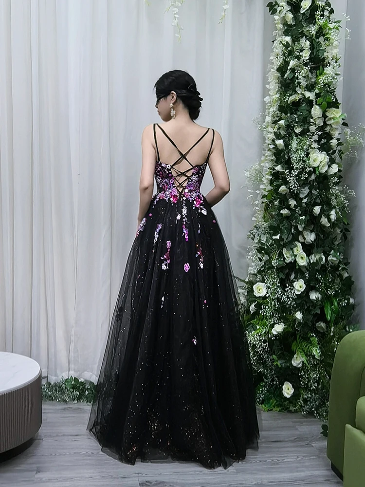 Luxury Black Evening Dress With Embroidery Flower Custom Prom Dress Rear Strap Design For Boutique Graduation Quinceanera YM34