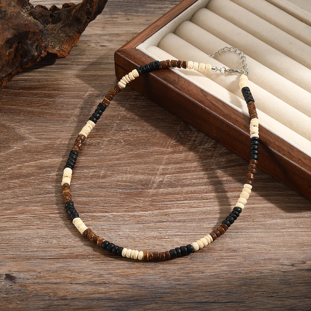 Ethnically Styled Indian Design Wood Stone Hand-Woven Bead Necklace Women Men Vintage Charm Choker Neck Bead Chain Jewelry Gift