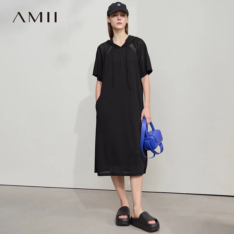 Amii Minimalismus Kleider Frauen 2025, Sommer, neue Bürodame, einfarbig, Mesh-Kapuze, lässig, locker, leicht, bequem, Strickkleider 12542194