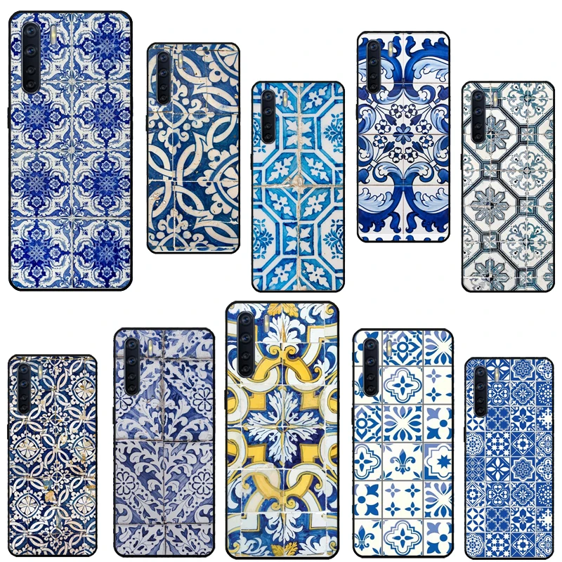 Portuguese Glazed Tiles Case For OPPO A96 A76 A16 A94 A74 A54 A77 A17 A16 A52 A72 A91 A93 A5 A9 A31 A53 A57s Cover