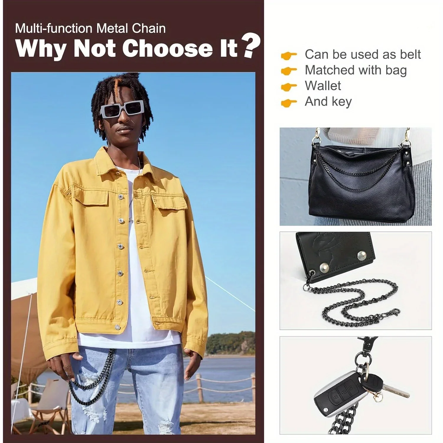 سلسلة محفظة بسلسلة خصر فاسق للرجال والنساء، سلسلة مفاتيح جيب طويلة مع مشابك جراد البحر لحزام السراويل الجينز