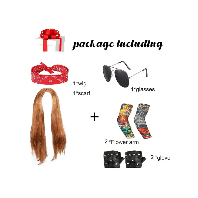 7 Pcs 70s 80s Rocker Costume Heavy Metal Wig Men women Hippie Wig with Bandana Sunglasses Punk Gloves Tattoo Sleeves for 80s Pun