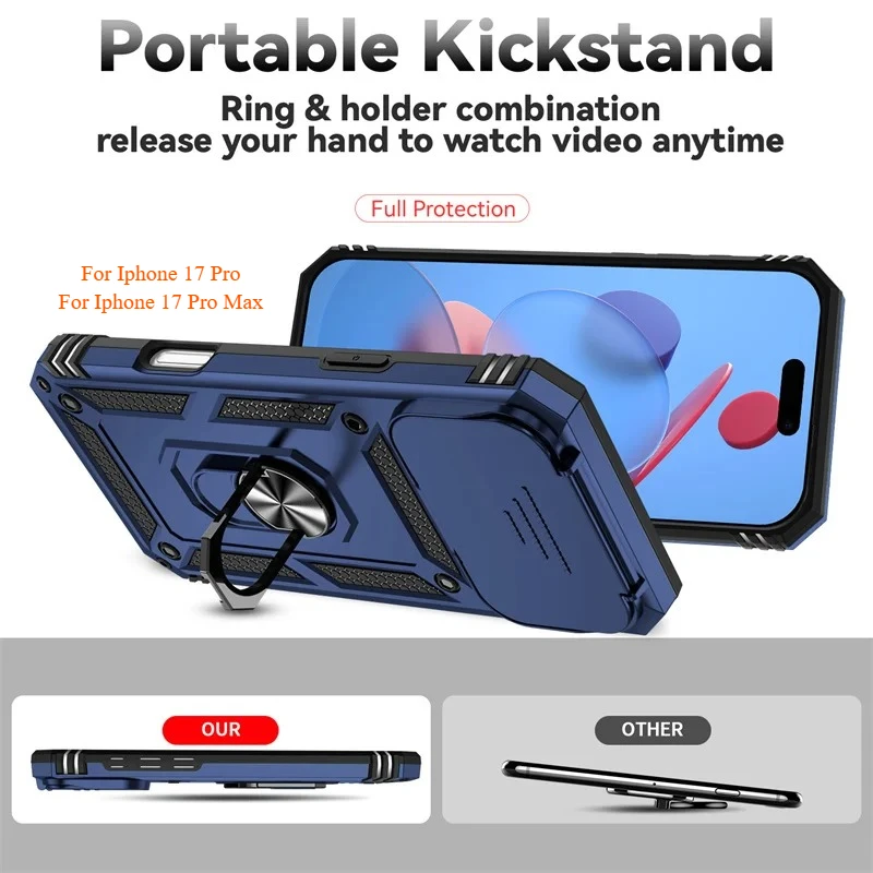 Ring Stand Rotating Slide Camera Lens Military Grade Armor Case for iPhone 17 16 E 14 13 12 11 15 Pro Max Plus Mini Cover