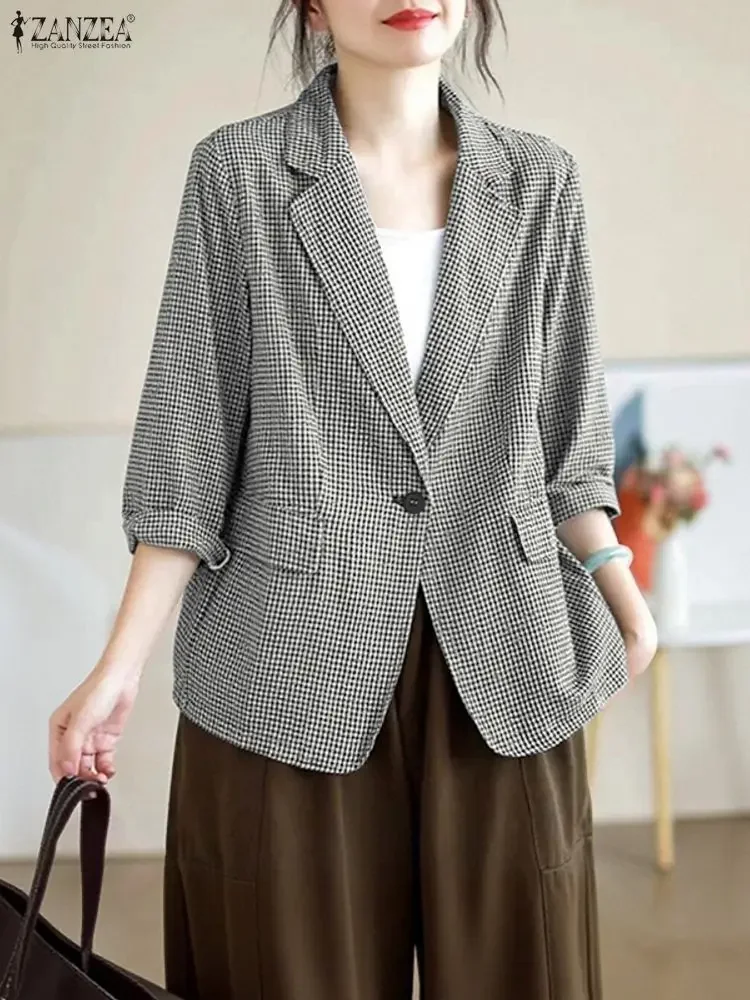 2025 ZANZEA Fashion Musim Gugur Blazer Kotak-Kotak Wanita Lengan Panjang Setelan Kasual Longgar Elegan Mantel Kantor Wanita Musim Dingin Kancing Luaran