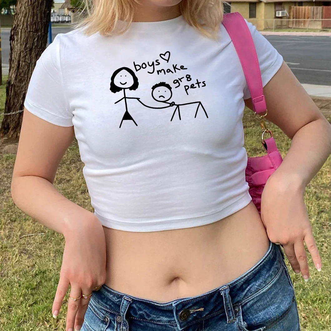 

Женская короткая футболка с забавным принтом и круглым вырезом, сексуальный наряд с открытым пупком, летняя модная футболка