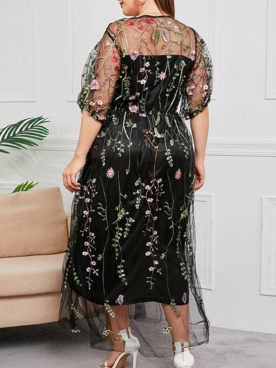 Damen-Maxikleid aus Spitze, schulterfrei, mit Blumen bestickt, kurzärmelig, V-Ausschnitt, Übergröße, Abendparty, elegantes Kleid