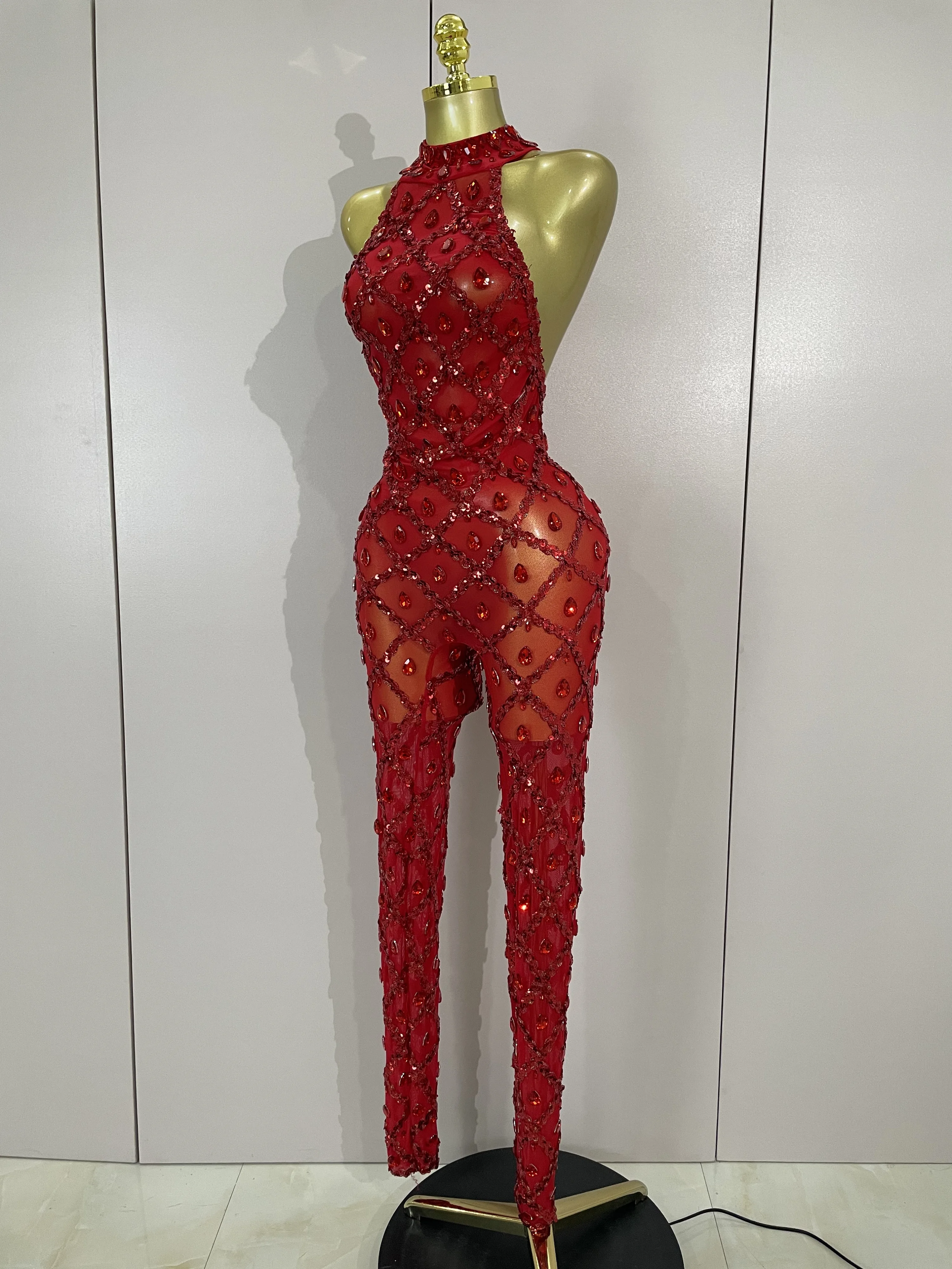 STOCK Luxury Sparkly Red Diamonds Mesh See Through Jumpsuit Celebrate Birthday Sexy Dancer Nightclub Performance Stage Costume
