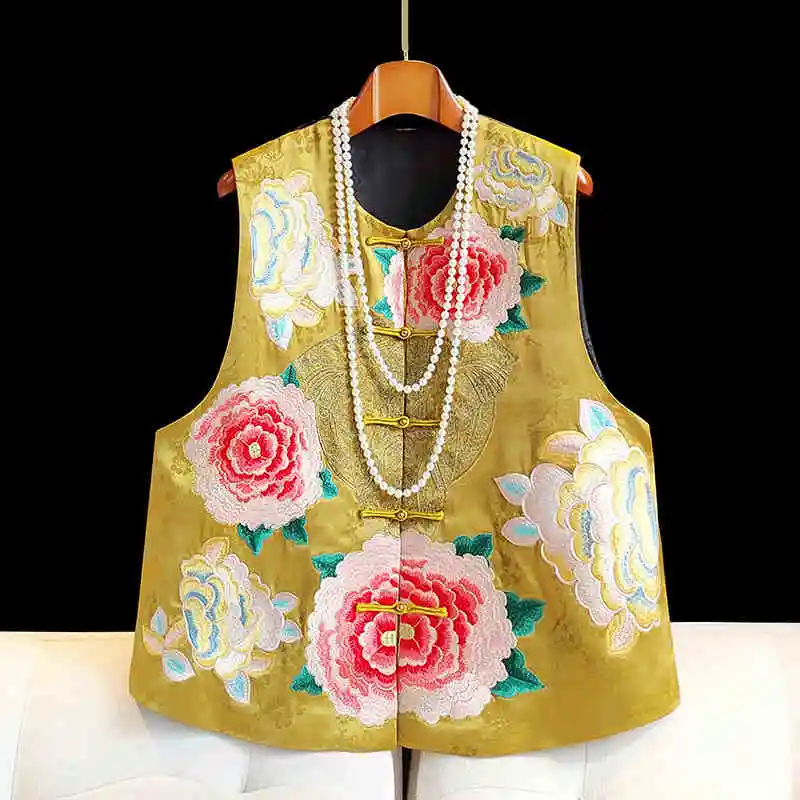 

2024 Autumn New Chinese Peony Embroidery + Jacquard O-Neck Acetate Sleeveless Top Single Breasted Elegant Women Vest S-XXL