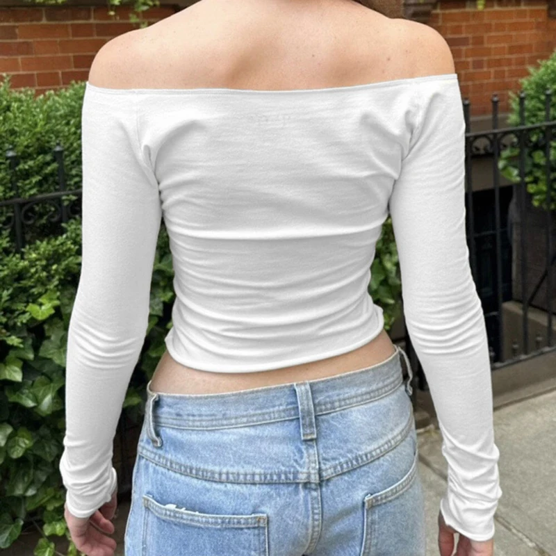 IAMHOTTY Casual Basic Slash Neck Cropped Top White Black Slim-fitting Long Sleeve T-shirts Streetwear Chic Elegant Clothes Women