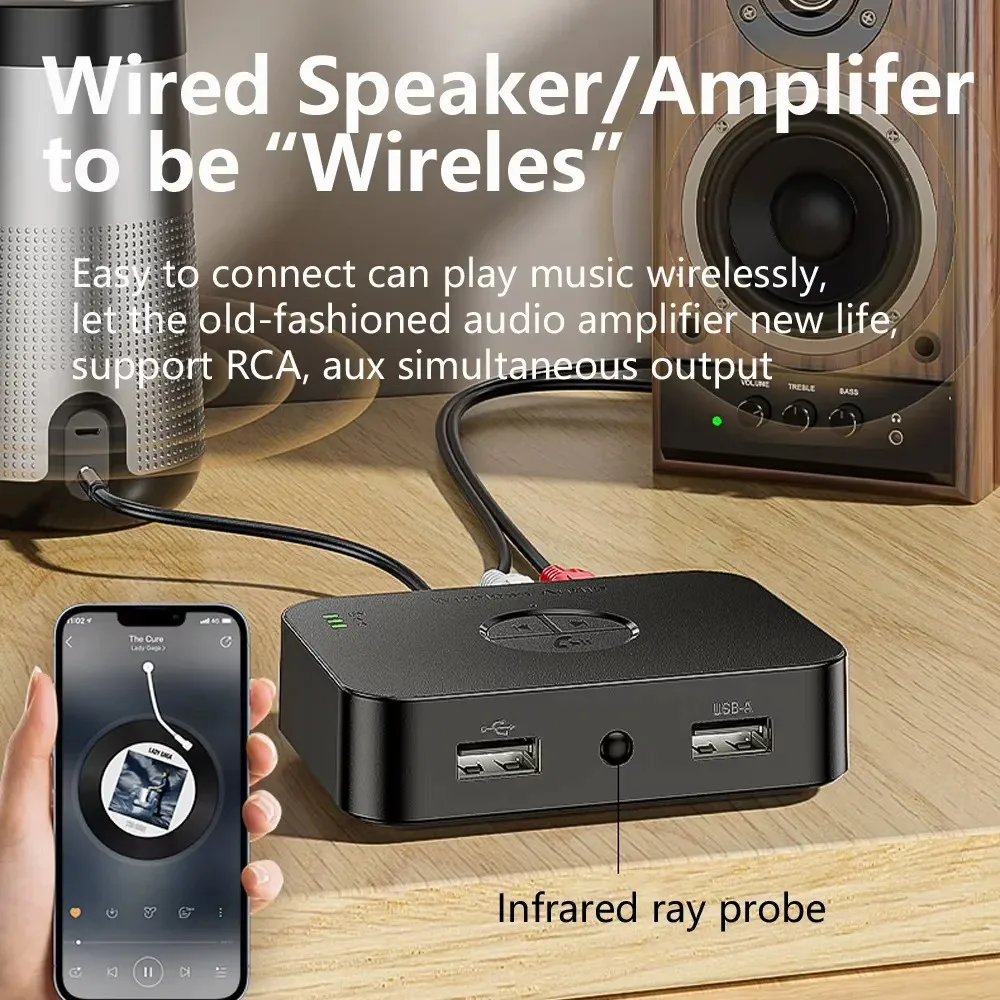 Odbiornik audio Bluetooth 6.0 z adapterem bezprzewodowym 3.5mm AUX RCA Stereo do muzyki bezstratnej, obsługujący odtwarzanie z dysku U, do samochodowych głośników i wzmacniaczy. — zdjęcie produktu 6