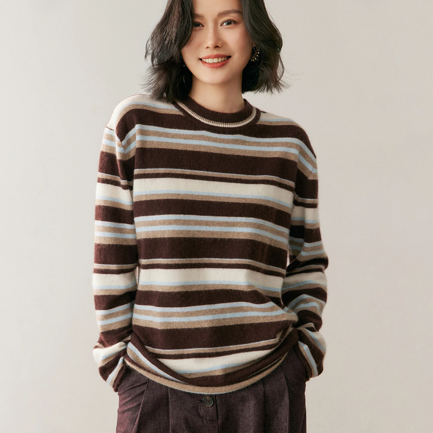 

Осень-зима женский 100% кашемировый свитер пуловер с круглым вырезом большого размера весенний полосатый кашемировый трикотаж свободный джемпер одежда топ