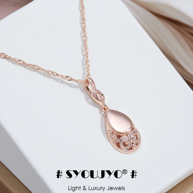 SYOUJYO Vintage 585 Rose Gold Color Pendant Necklaces For Women Glossy Simple Water Drop Ethnic Bride Wedding Jewelry