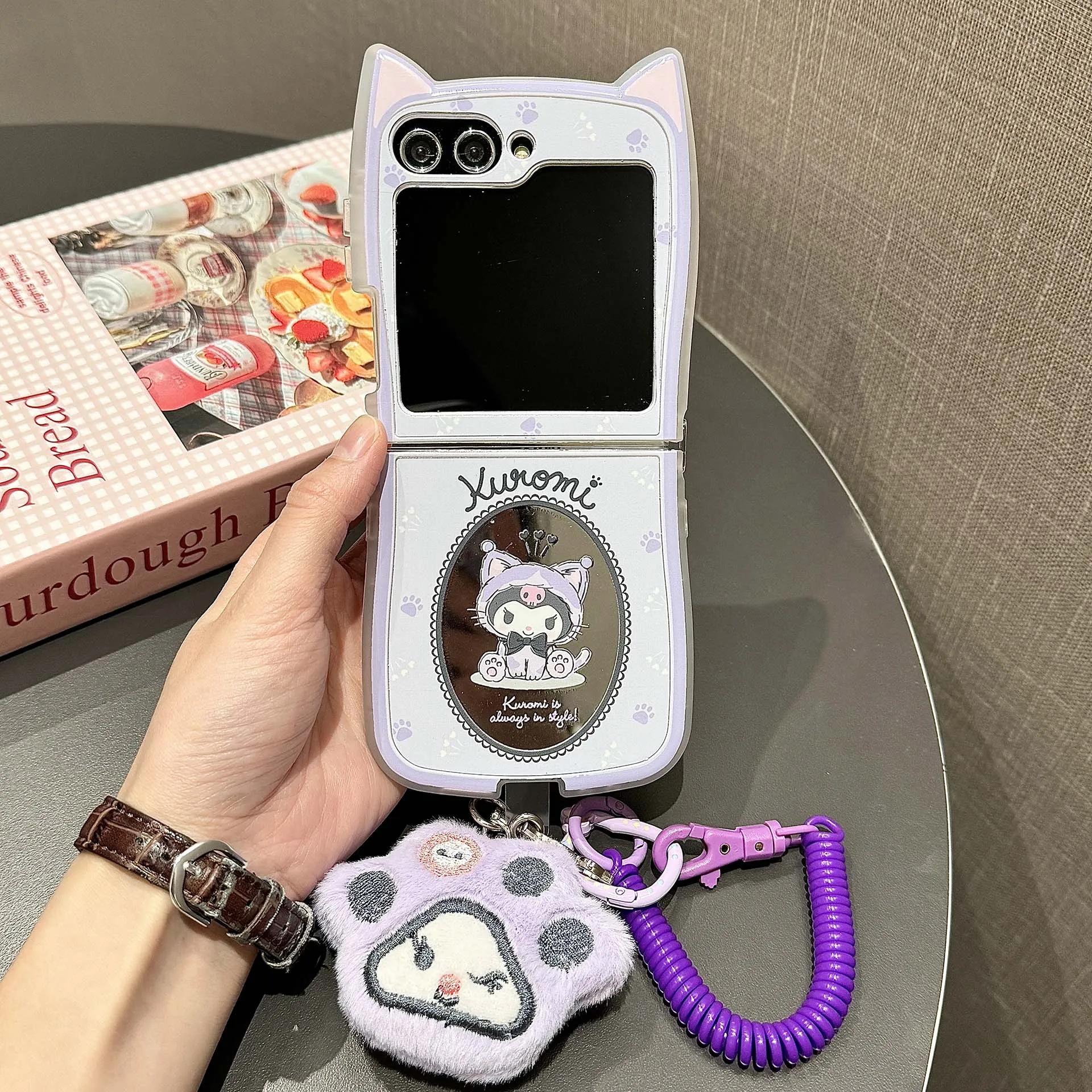 Sanrios My Melody Kuromi 3D Cat Ear with Lanyard Phone Case for Samsung Galaxy Z Flip 3 4 5 6 5G PC Hard Mirror Film Back Cover