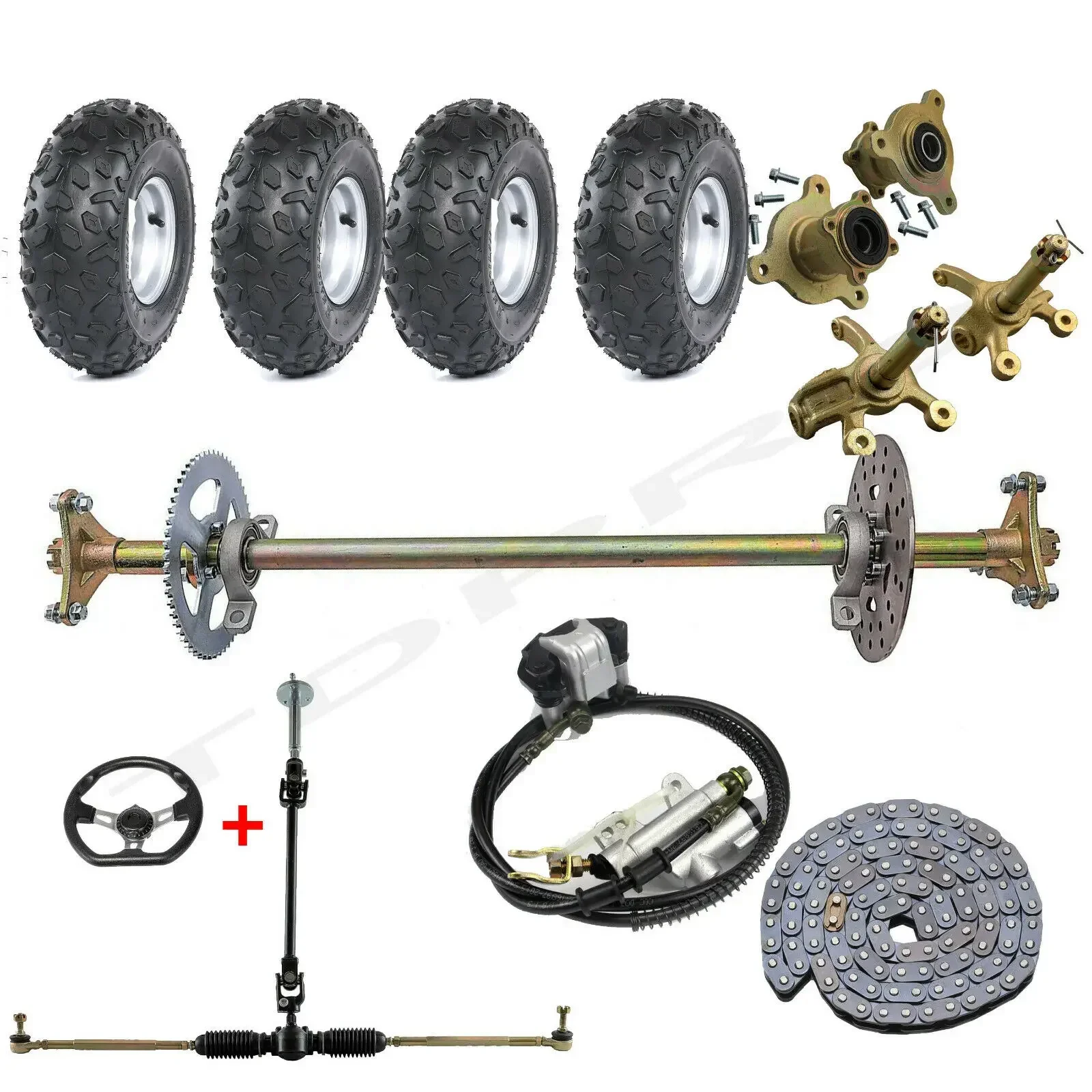 

29" Go Kart Trike Rear Axle Kit+4x145/70- 6" Inch Wheel Tyre Rim+ Front Steering Assembly Tie Rod for ATV Quad Buggy DIY Drift