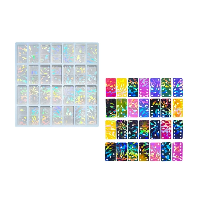 Flexible Sturdy Silicone Dominoes Mold With Holographics Effect 28 Compartments Portable for Resin and Clay Creation