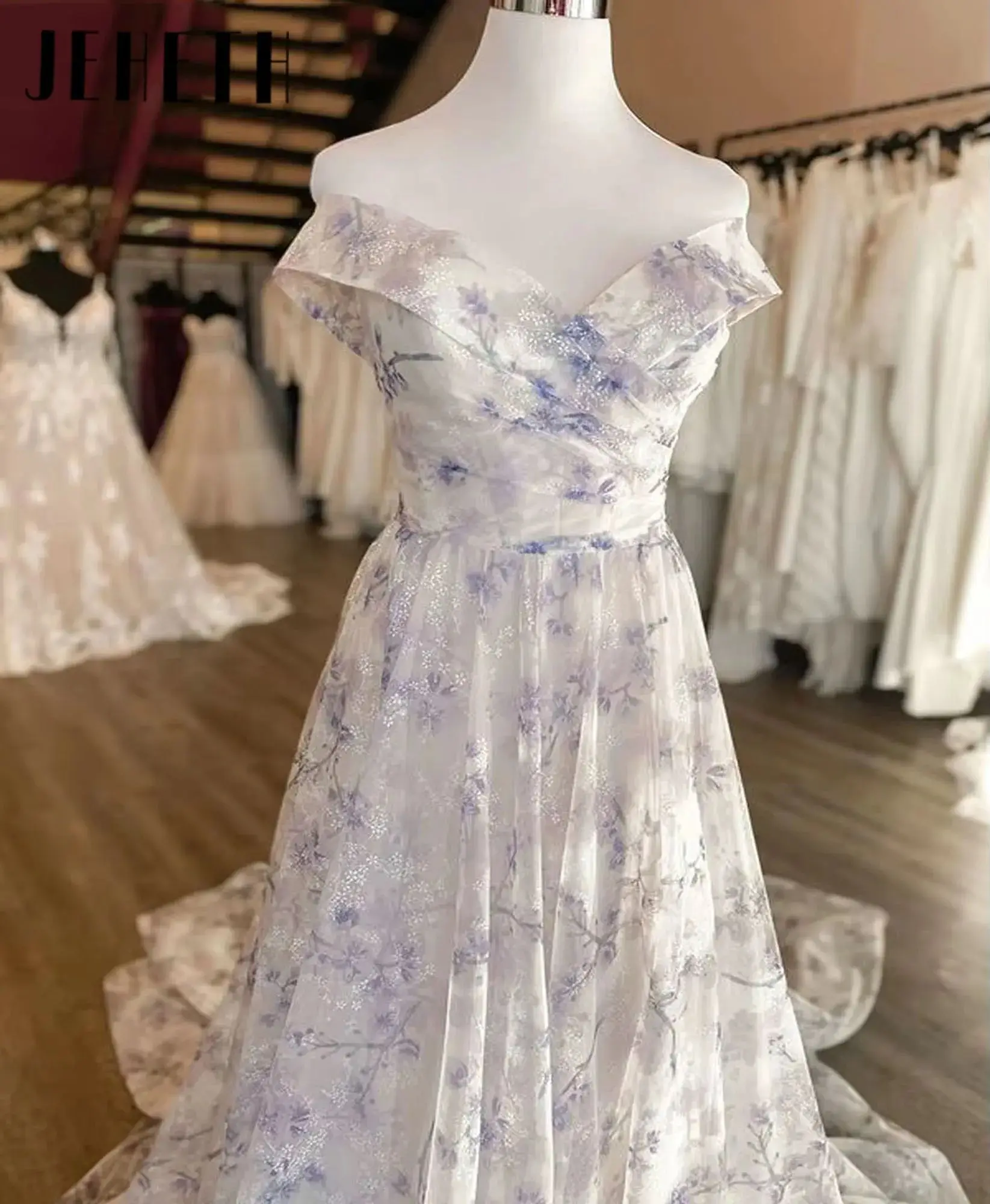 

JEHETH Lilac Floral Printing Sleeveless A-Line Wedding Dresses Off The Shoulder Pleat Country Bridal Gowns Customized