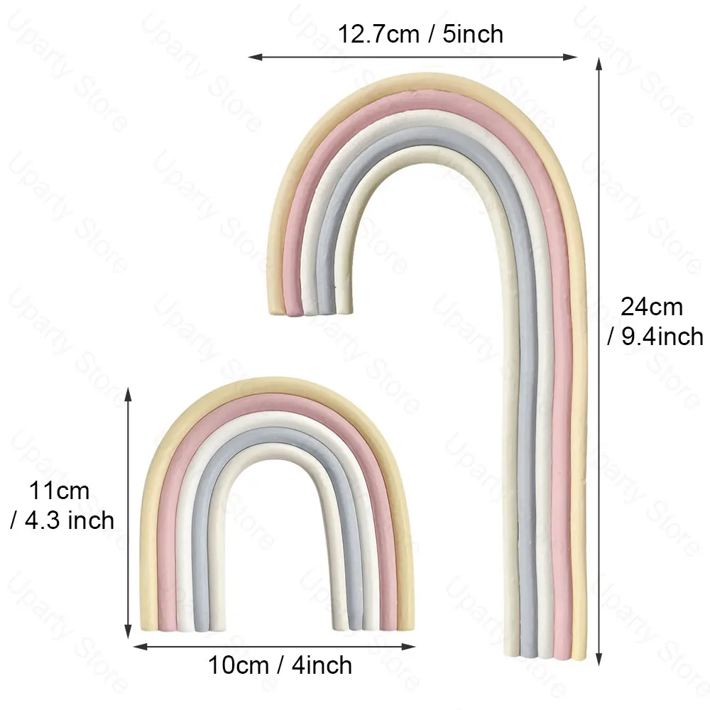 2er-Pack Regenbogen-Kuchenaufsätze aus weichem Gummi, Pastell, Lila, Blau, Boho-Haut, braune Regenbogen-Aufsätze für Babyparty, Geburtstagskuchen-Dekoration – Detail 12