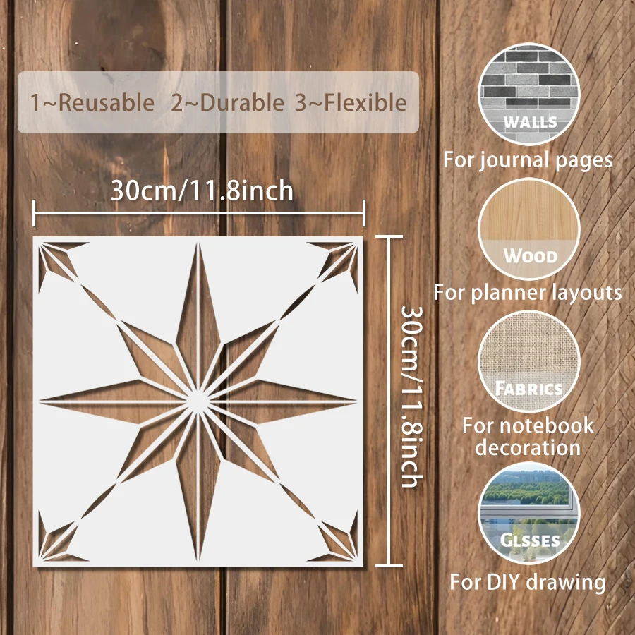 2PCS 11.8inch Star Tile Stencil Template Geometric Compass Pattern Wall Floor Painting Stencil for DIY Decor