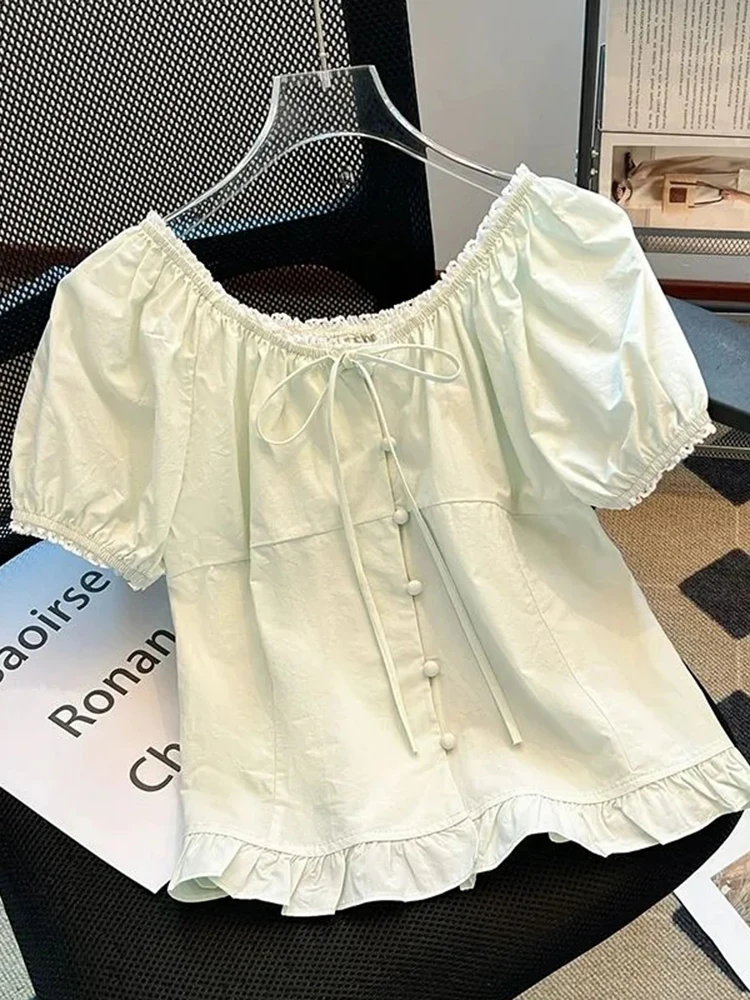 

Cute Sweet Shirt Women Summer Puffy Sleeve Korean Casual Blouse Fashion O Neck Preppy Style Female Elegant Solid Tops New