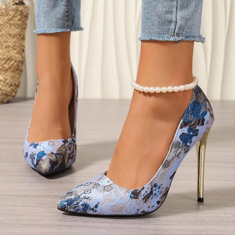 Shoes Female 2024 Plus Size Women\'s High Heels Sexy Party Pumps Women Printing Pointed Toe High Thin Heel Slip on Ladies Shoes