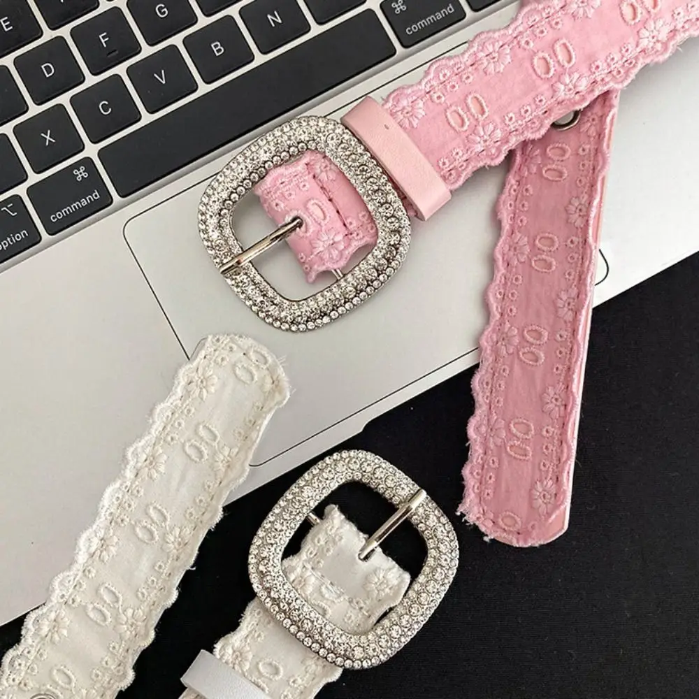 Fashion PU Leather Lace Belt Y2K Square Buckle Rhinestone Belt Spicy Girl Cute Women Waistband Female