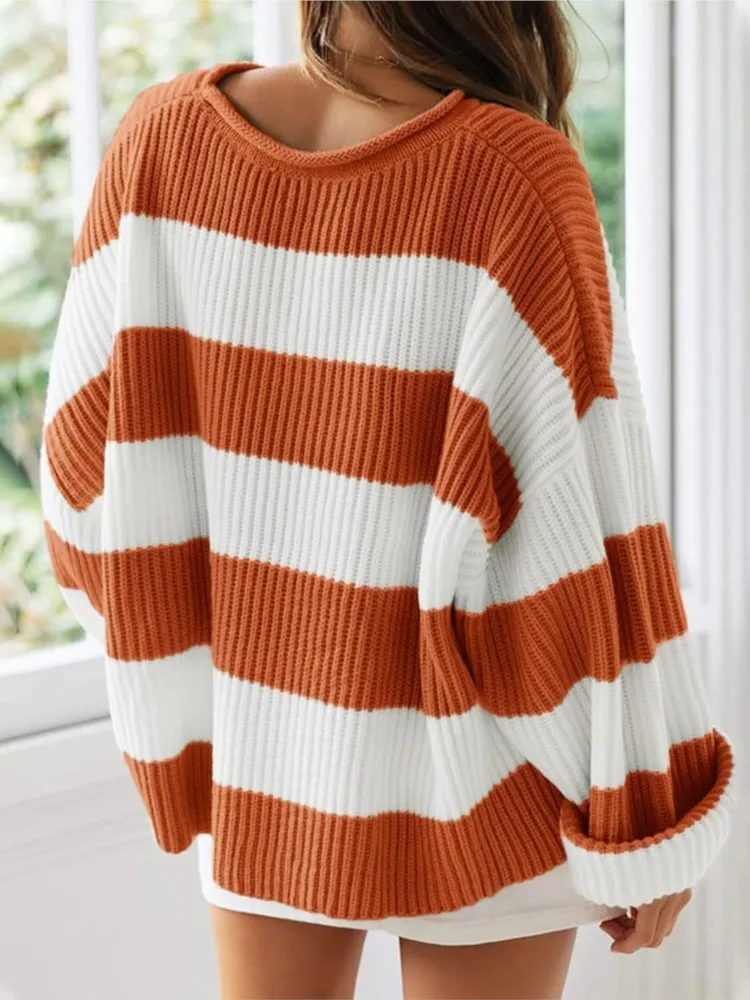 Fashion Bell Sleeve Loose Knitted Sweaters Y2k Preppy Style Casual O Neck Long Sleeve Striped Knit Sweater For Women Fall Winter image 6