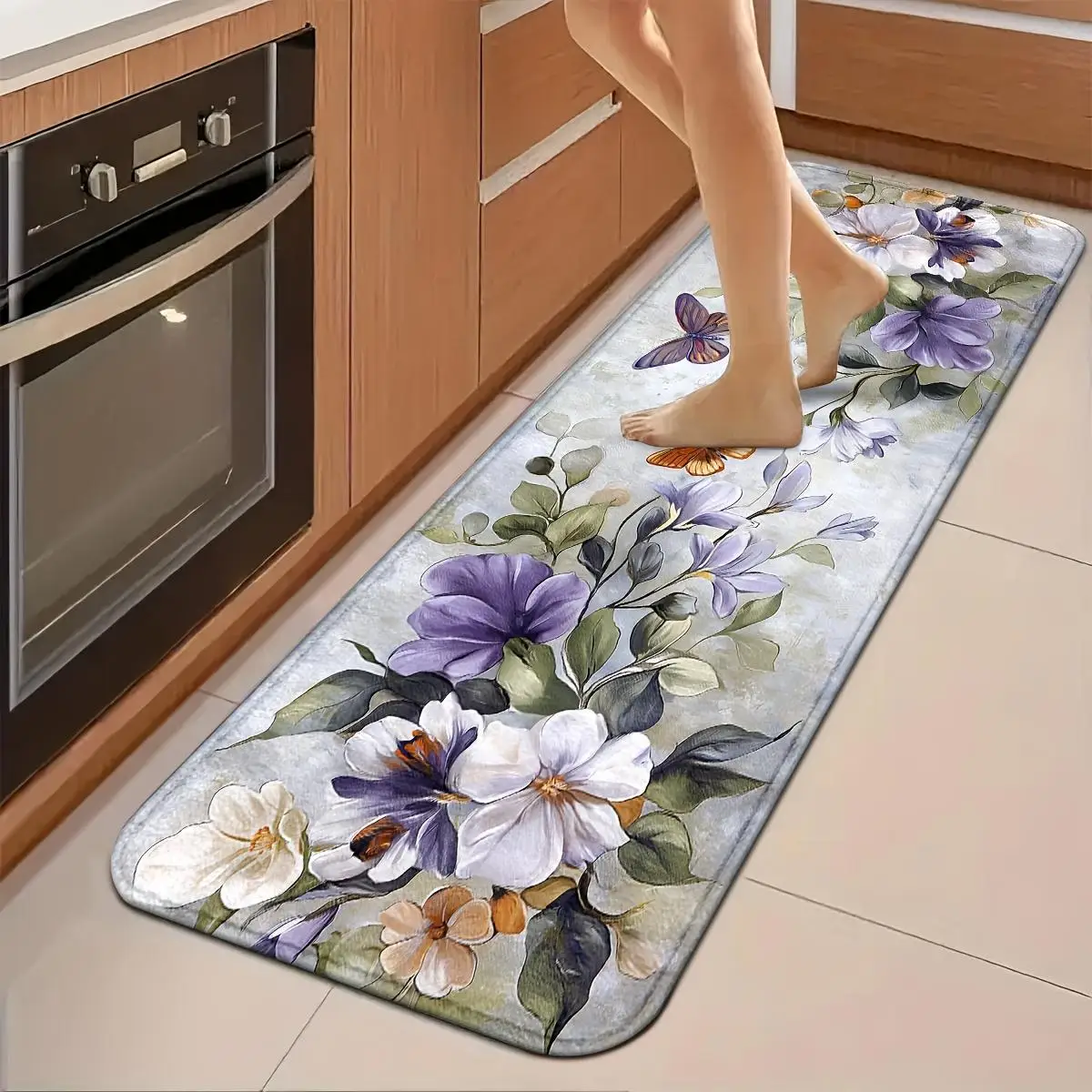 Colorful Butterfly Print Kitchen Rug, Non-Slip Cushioned Comfort Standing Mat, Heavy Duty Floor Carpet for Home Sink Laundry