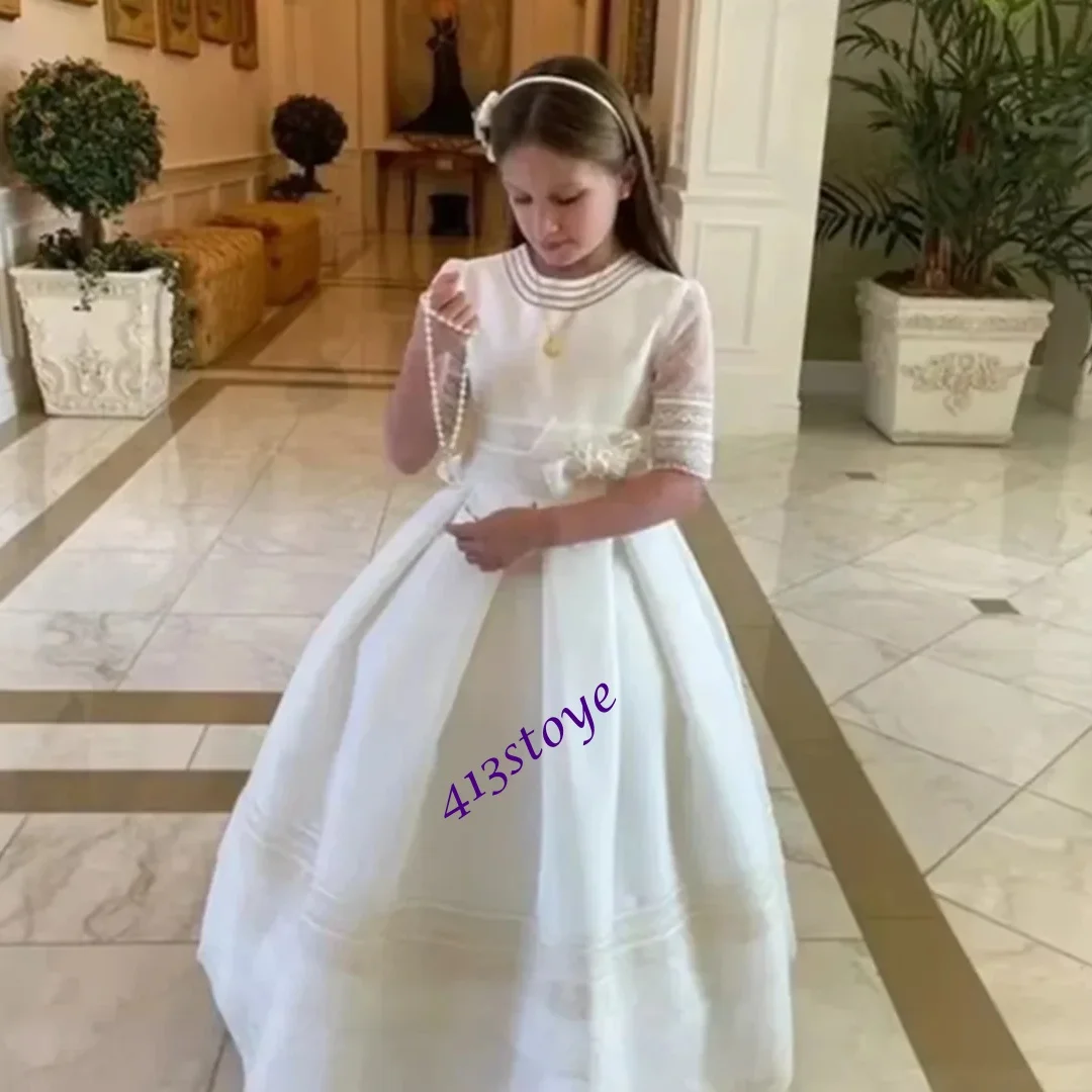 فساتين فتاة الزهور Lvory مخصصة لحفلات الزفاف من الساتان نصف كم للمناولة الأولى أنيقة الأميرة مناسبة رسمية P