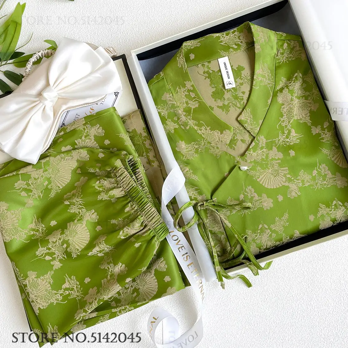 New Chinese Style Pajamas Women Jacquard Flower Sleepwear Short Sleeve Trouser Suits Spring Summer Silk Satin Nightwear Homewear