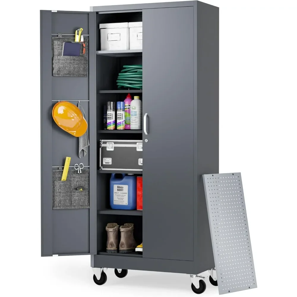 

Metal Storage Cabinet with Wheels - Garage Storage Cabinet with Locking Doors, Key Lock, 72" Rolling Tool Storage Cabinet