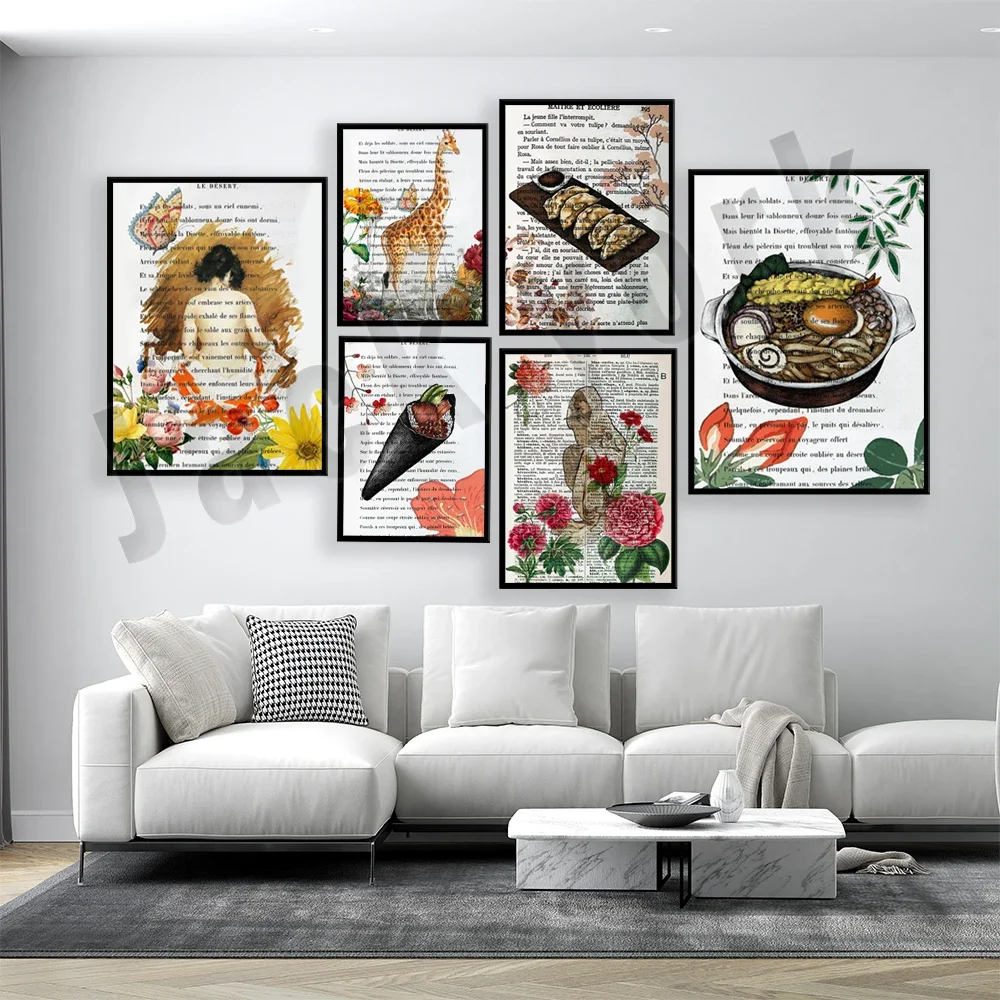 Chicken, dumpling, hand roll, ramen, man, giraffe, butterfly, angel vintage encyclopedia dictionary book page typographic poster