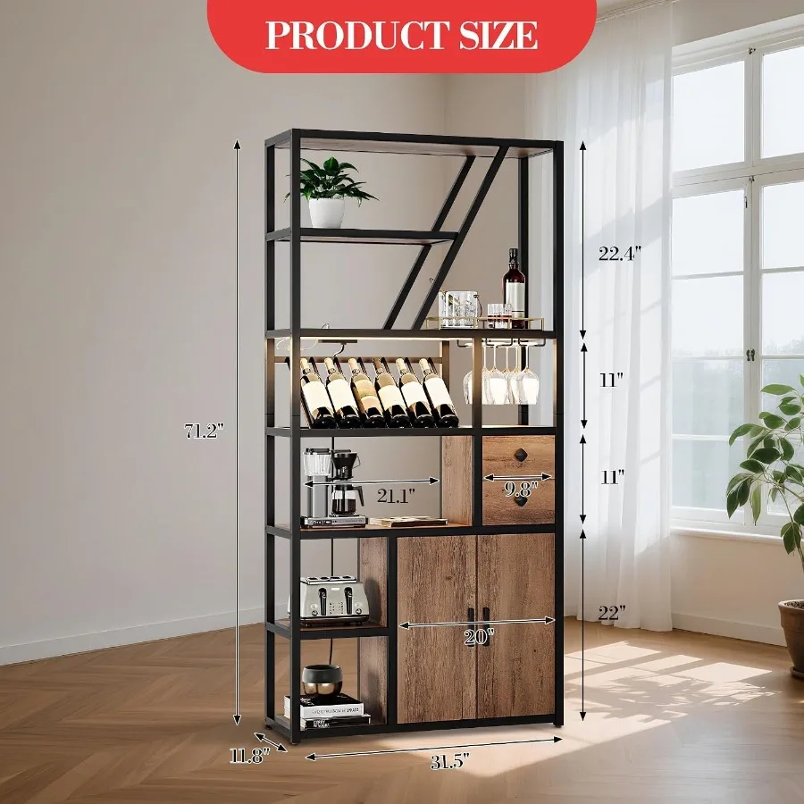 Bar Cabinet with LED Lights, Power Outlet and Wine Rack, Brown