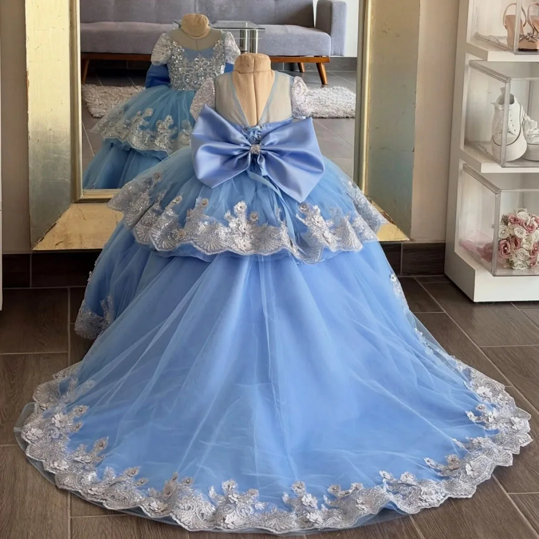Customized Blue Flower Girl Dress Sliver Wedding Floral Appliques with Bow Short Sleeve for Birthday Party Banquet Ball Gown