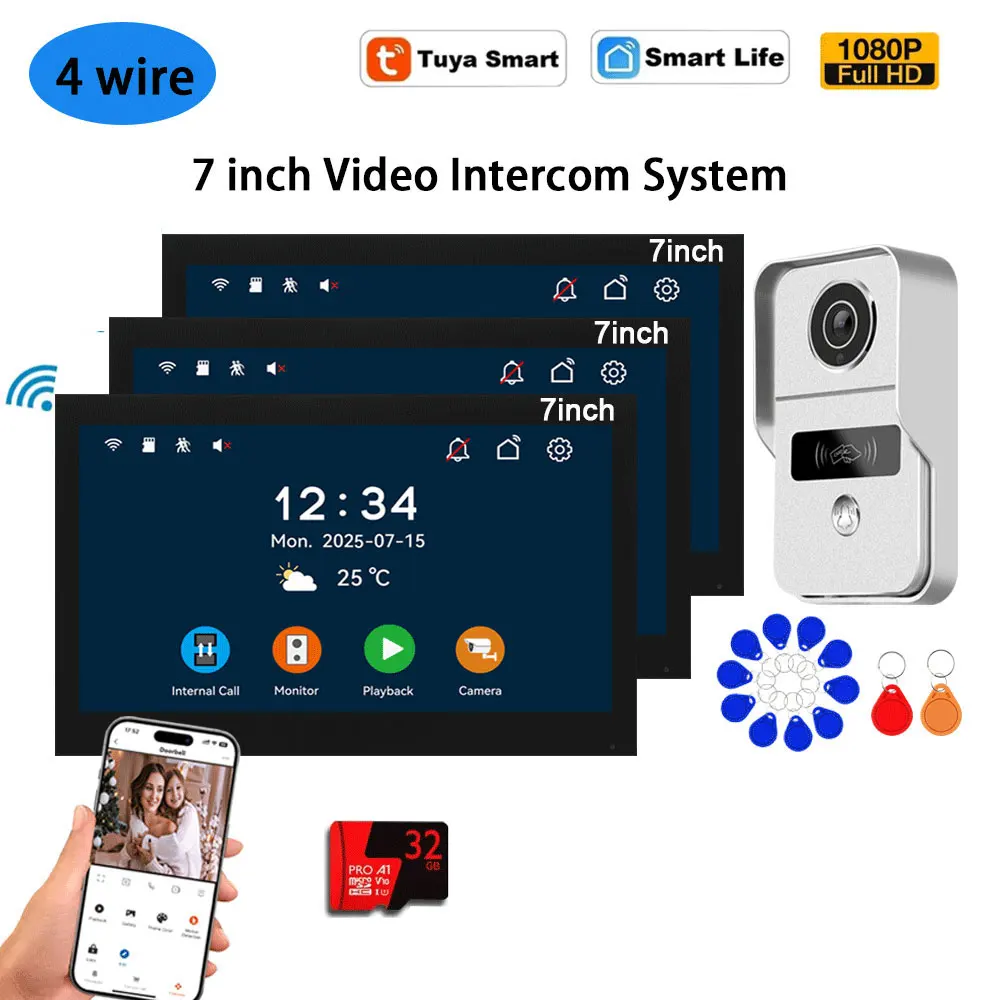 

Видеодомофон Tuya с 7-дюймовым ЖК-дисплеем, проводной и беспроводной (Wi-Fi), с 2/3 мониторами, HD 1080P камерой, разблокировкой по IC-карте, система внутренней связи