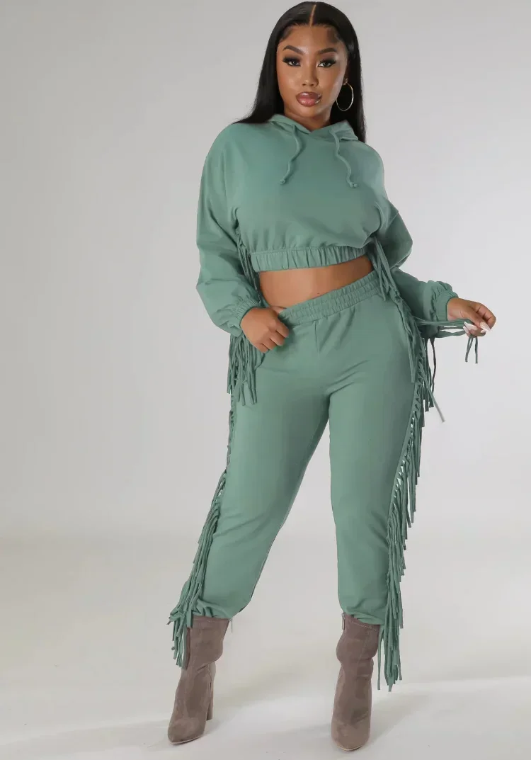 GUWU Elegante Quaste Herbst Zwei Stück Set Langarm Mit Kapuze Hemd + Lange Hosen Solide Sportsuit Passenden Set Casual Frauen trainingsanzug