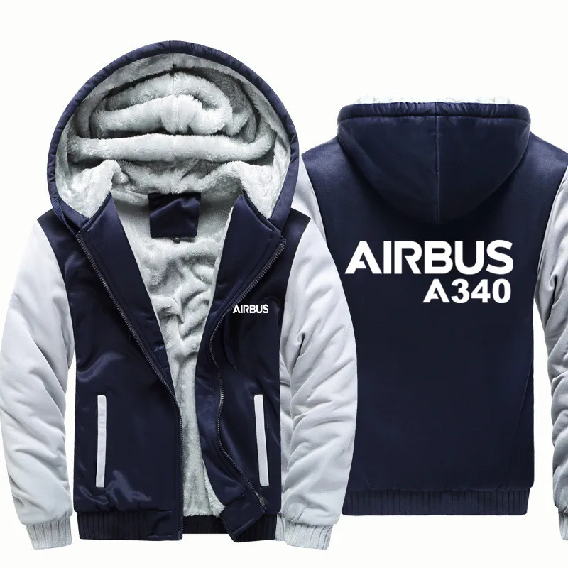 Streetwear Autumn Winter Aviation Pilots Flight Airbus A340 Fleece Warm Wool Thick Men Coat Jackets Hooded Hoodies Sweatshirts