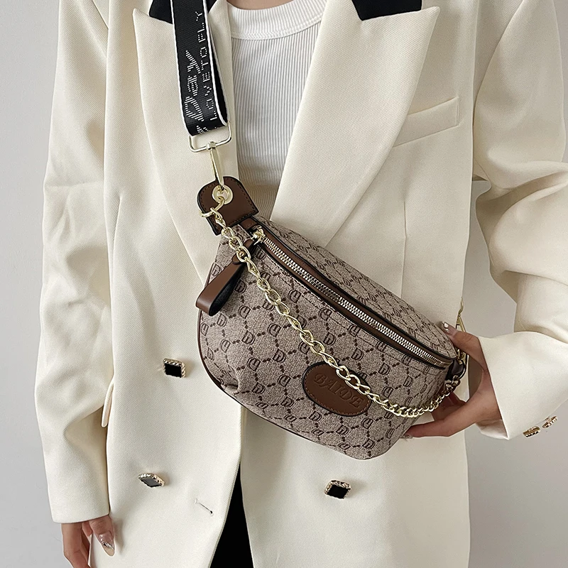 Modna torba na talię z łańcuszkiem dla kobiet Luksusowa designerska torba na klatkę piersiową Wysokiej jakości skórzana torebka na telefon Kobieca torba na ramię Crossbody
