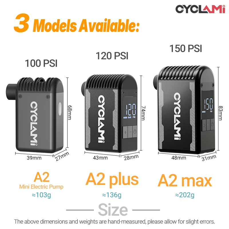 CYCLAMI Portable Pocket Bike Electric Air Pump Road MINI Fast Rechargeable Compressor Tire Inflator 100 120 150 PSI A2 Series