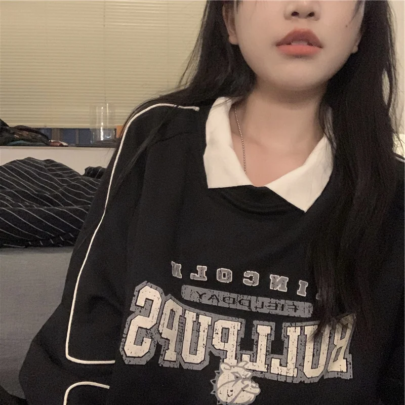 

Loose Fit Autumn Winter Women's Sweatirt Collar Letter Print Casual Comfortable Streetwear Sle Long Sve T-irt