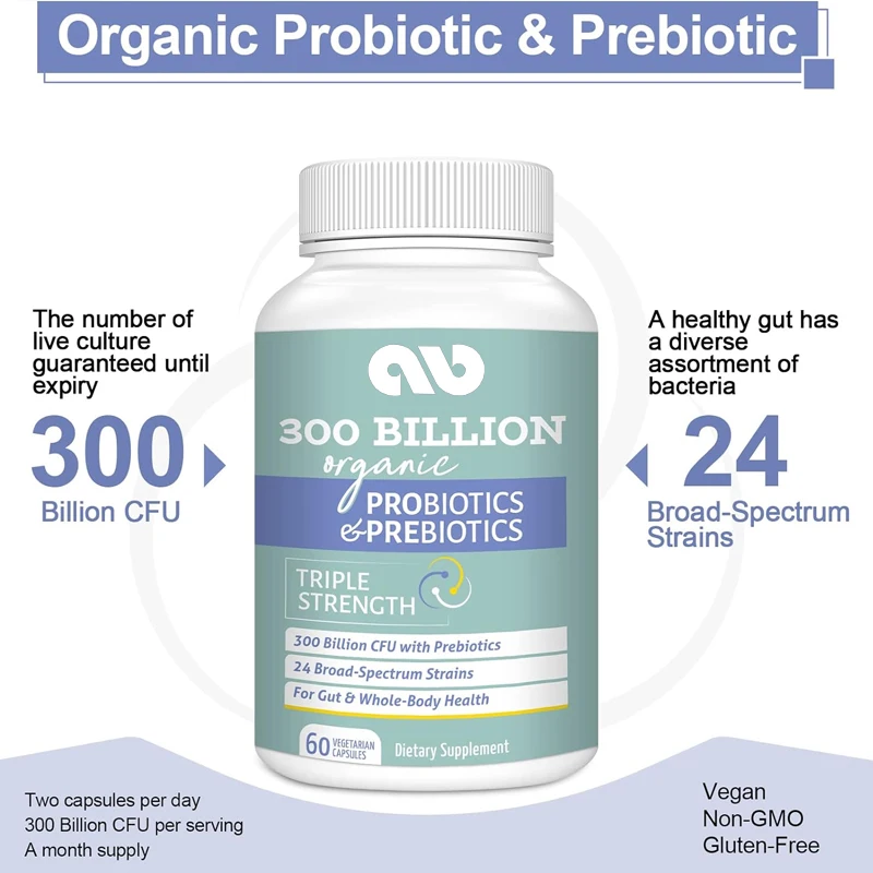 300 billion CFU of male and female probiotics, 24 strains of probiotics, used for digestion, immunity, and overall health