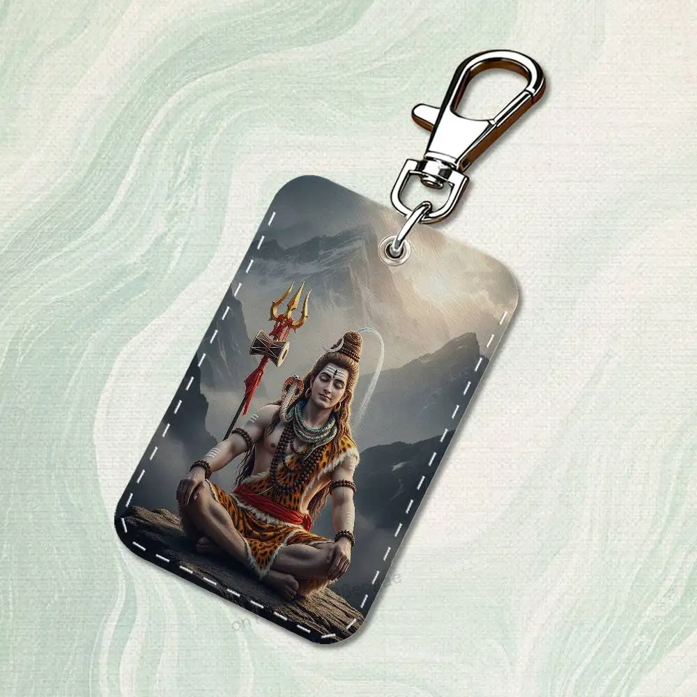 India Art Lord Shiva Rectangle Card Case Keychain Access Card Bag Key Tag Ring Leather Card Holder Key Ring Access