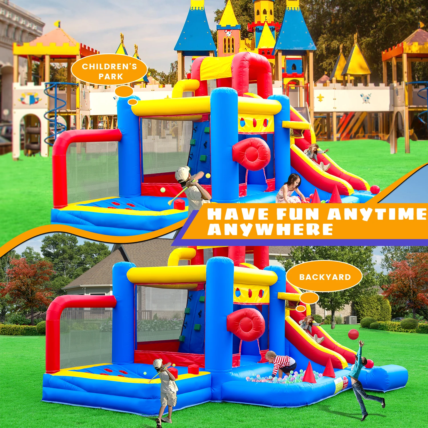 Maison gonflable rebondissante pour enfants avec toboggan, fosse à balles, escalade, alimenté par ventilateur de 1100 W, 100% PVC, autoportante, prise américaine 110-130 V