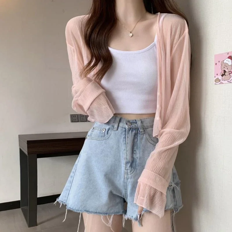 4 ألوان الكورية نمط رقيقة سترات صيفية المرأة شير الشمس واقية سيدة عادية سليم الخامس الرقبة لينة المحاصيل الحلو فتاة بسيطة تنفس