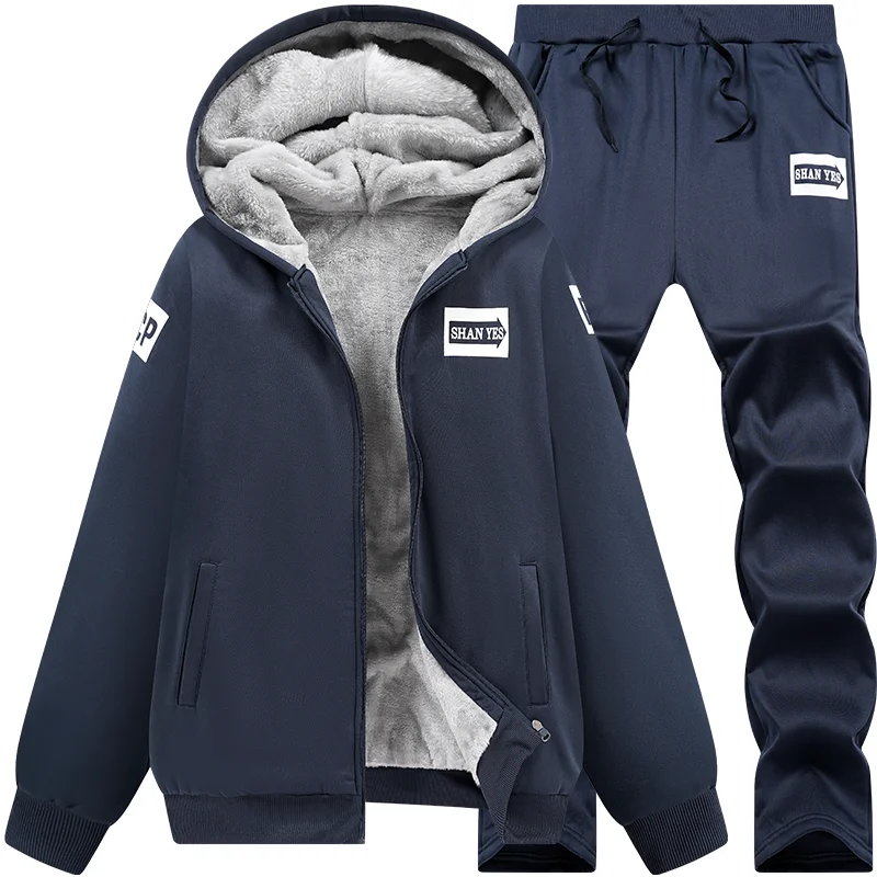 

New Winter Fleece Thicken Men's Two-piece Zipper Sports Set Hooded Thermal Suit Casual Oversized Tracksuit 4XL 5XL Funny Suit