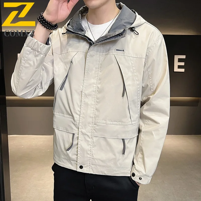 

COMXZ 2025 Men's Hooded Workwear Jacket Spring Autumn Lightweight Trendy Casual Breathable Comfortable Coat