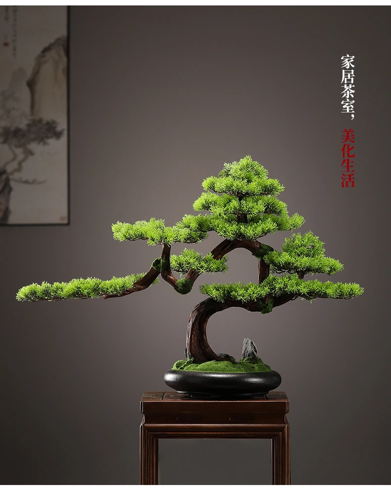 Simulated Welcome Pine Solid Wood Green Plant Bonsai Living Room Entrance Office Desktop Home Decoration Ornament