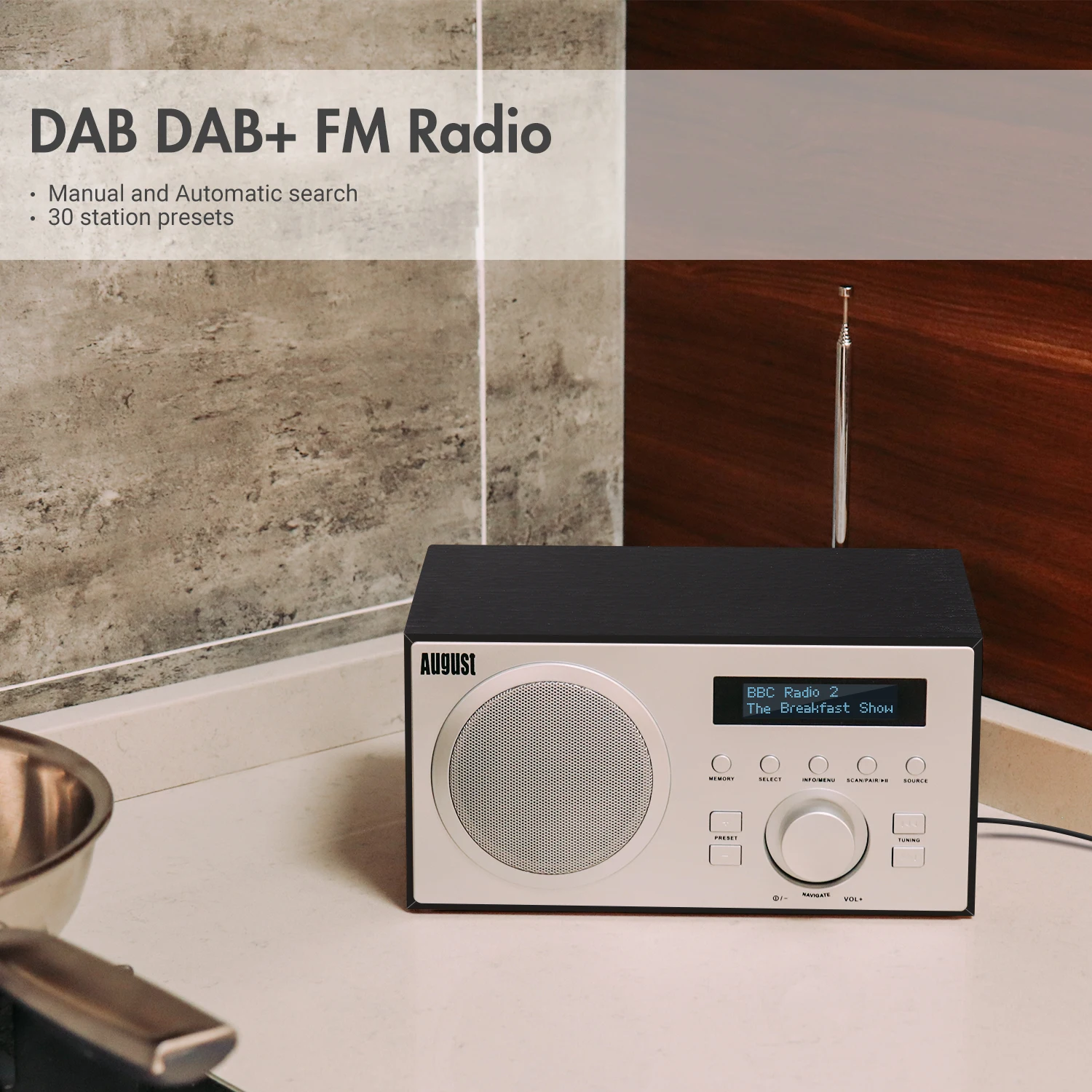 August MB420 DAB FM Bluetooth Wood Radio Terrestrial USB, Digital and Analogue Player Hifi Alarm Clock Earphone Jack-Black