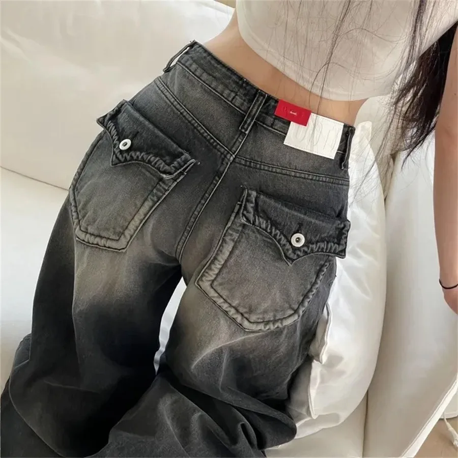 Washed Denim Straight Leg Pants High Waist Pocketed Loose Fit Ladies Jeans Retro Style Casual All Season High Quality