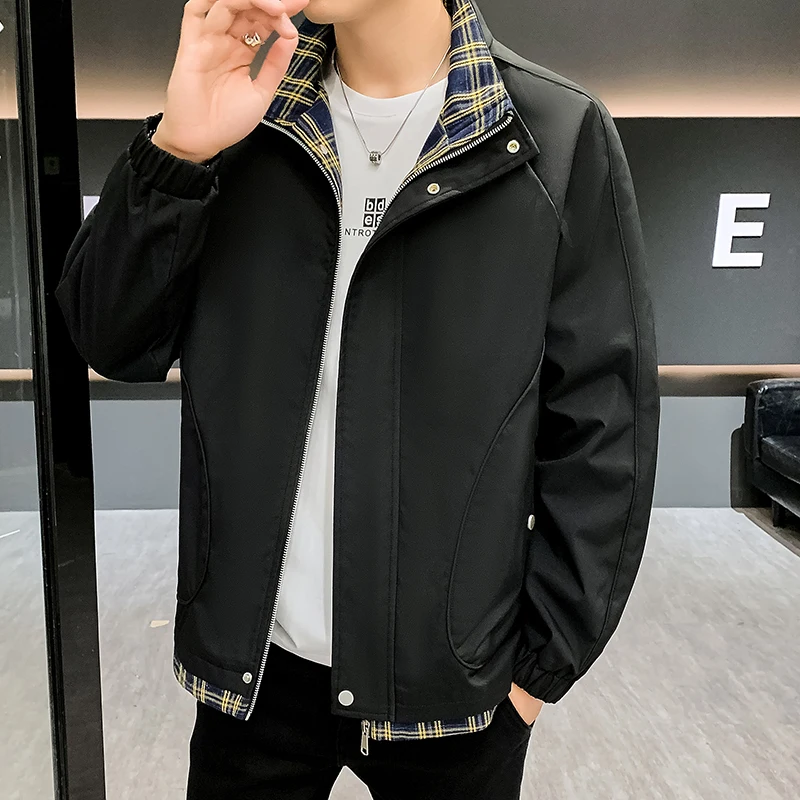 

Spring Autumn Plaid Stand Collar Jaet Casual Windbreaker Men's Top Thin Outerwear Leisure Open Cardigan Trendy